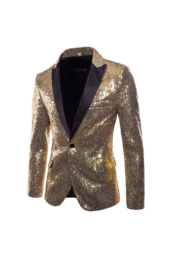 Men's Shiny Sequin Blazer Sparkle Metallic Tuxedo Party Jacket Festival Party Prom Performance One Button Jacket Big and Tall Gold XXXL