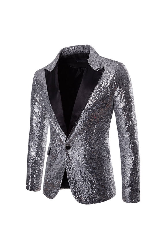Men's Shiny Sequin Blazer Sparkle Metallic Tuxedo Party Jacket Festival Party Prom Performance One Button Jacket Big and Tall Silver XXXXXL