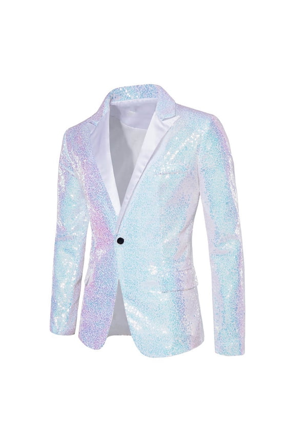 Men's Shiny Sequin Blazer Sparkle Metallic Tuxedo Party Jacket Festival Party Prom Performance One Button Jacket Big and Tall White XXXXL