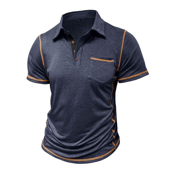 Wrtxtat Men's Shirts Lapel Contrast Color Short Sleeve Pullvoer Sweatshirt Breathable Summer Sports Running Tee Tops with Chest Pocket Dark Blue XXXL