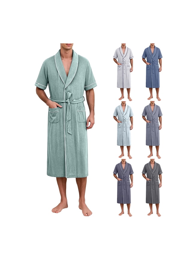 Men's Short Sleeve Modal Robes Cooling Summer Long Housecoat with Belt and Pockets Lounge Homewear Sleepwear Bathrobes Green XXL