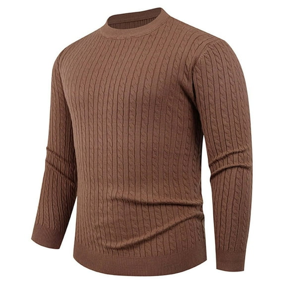 Wrtxtat Men's Slim Fit Sweater Cable Knit Solid Color Knitted Pullover Autumn Fashion Midweight Warm Tops Stretchable Crewneck Top Coffee XL