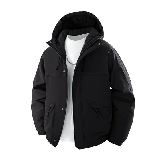 Wrtxtat Men's Snow Jackets Warm Heavyweight Solid Color Waterproof Coats with Zipper Pockets Drawstrings Hooded Windbreaker Big and Tall Black XXXL