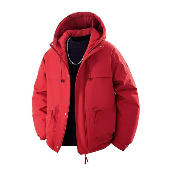 Wrtxtat Men's Snow Jackets Warm Heavyweight Solid Color Waterproof Coats with Zipper Pockets Drawstrings Hooded Windbreaker Big and Tall Red XXL