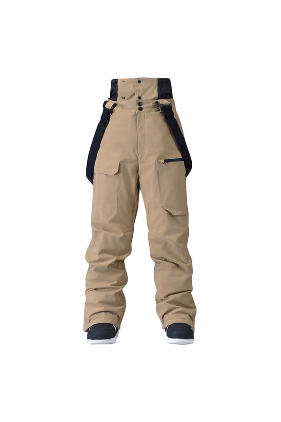 Men's Snow Ski Pants Zipper Multi-pocket High Raise Windproof Waterproof Pants Winter Warm Snowboard Pants Khaki XXL