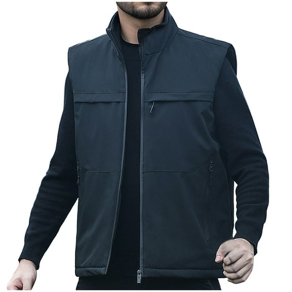 Wrtxtat Men's Softshell Vest Warm Midweight Fleece Lined Outerwear with Multiple Pockets Full Zip Mock Neck Windproof Vest Big and Tall Black XXXL