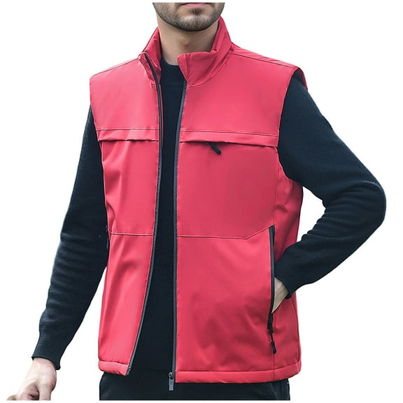 Wrtxtat Men's Softshell Vest Warm Midweight Fleece Lined Outerwear with Multiple Pockets Full Zip Mock Neck Windproof Vest Big and Tall Red XL