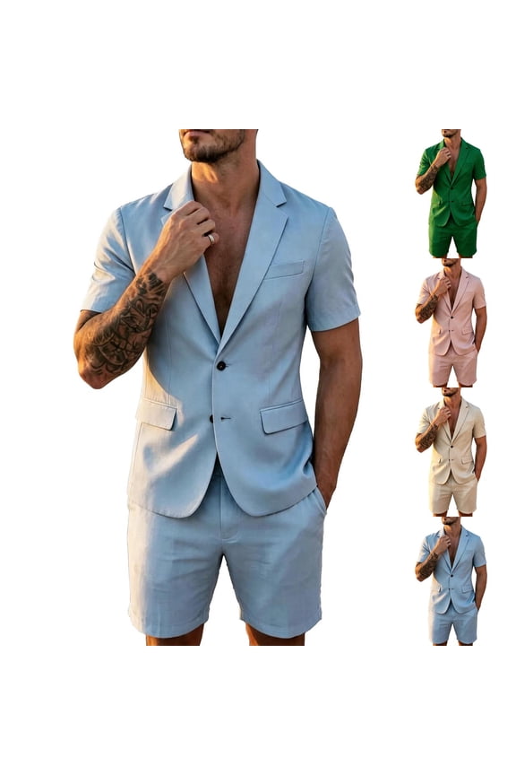 Men's Suit 2 Pieces Set Short Sleeve Blazer Jackets with Matching Shorts Fashion Tuxedos Set for Summer Prom Wedding Party Grooms Green S
