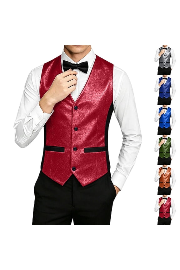 Men's Suit Vest Sequin Silk V Neck Button Down Waistcoats Business Formal Dressy Blazer Vests for Prom Party Wedding Green XS