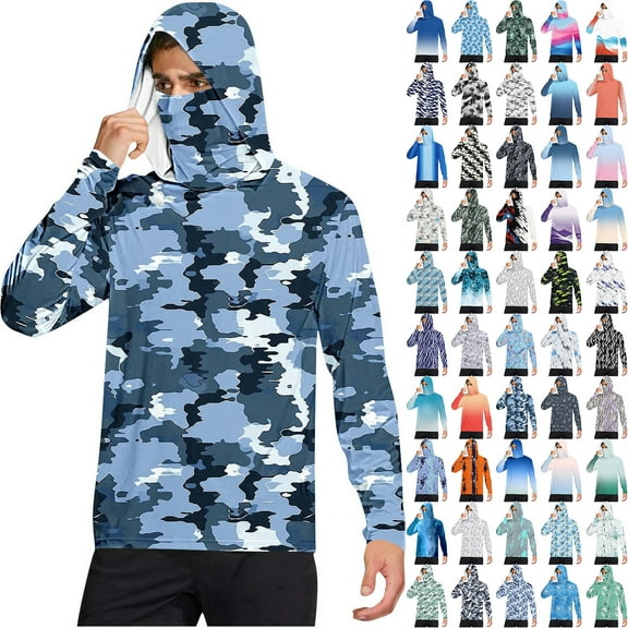 Wrtxtat Men's Sun Protection Hoodie UPF 50+ Fishing Hiking Shirt Long Sleeve SPF UV Shirt Rash Guard Lightweight Thin with Mesh Face Mask Blue#01 L