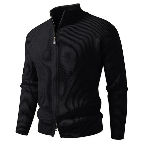 Wrtxtat Men's Sweater Cardigans Fashion Autumn Winter Solid Color Two-Way Zipper Outerwear Mock Neck Stretchable Striped Knit Tops Black L