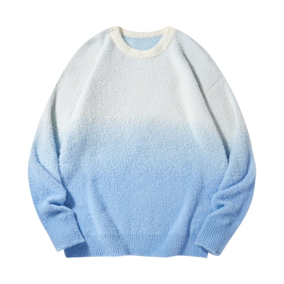 Wrtxtat Men's Sweater Fall Fashion Midweight Warm Crew Neck Pullover Gradient Color Relaxed Fit Lounge Homewear Casual Tops Light Blue XXL