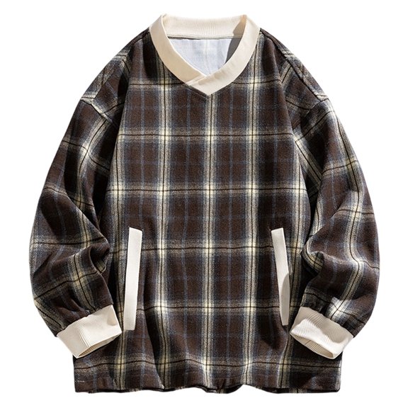 Wrtxtat Men's Sweatshirt Autumn Casual Fashion Midwieght Pullover with Kangaroo Pockets Loose Fit Plaid V-Neck Long Sleeve T-Shirt Coffee L