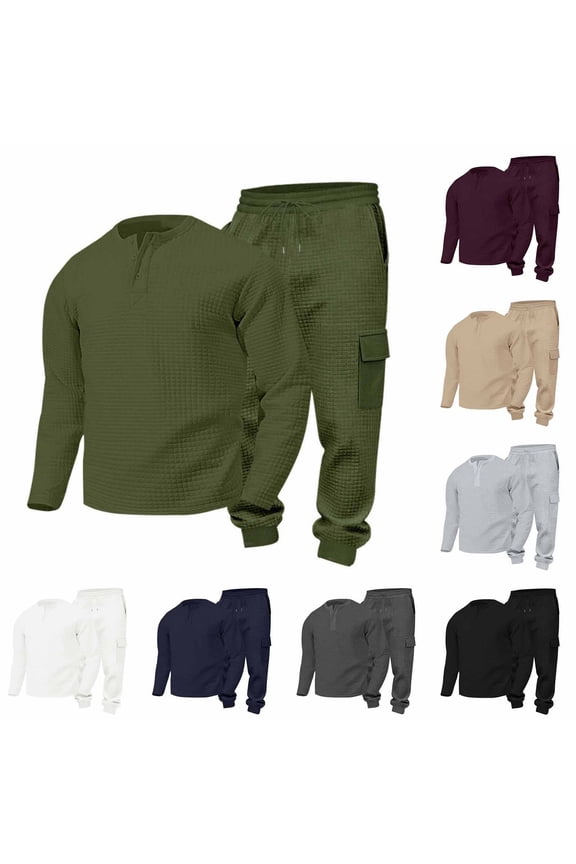 Men's Sweatshirt Tracksuits Long Sleeve V Neck Tops and Jogger Pants Casual Waffle Knit Fall Winter Workout Gym 2 Piece Outfits Black XXXL