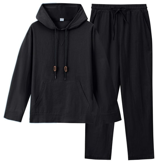 Wrtxtat Men's Sweatsuit Casual Long Sleeve Drawstrings Pockets Hooded Linen Pullover Solid Color Straight Leg Trousers Pants Sweatsuit Black XL