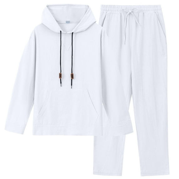 Wrtxtat Men's Sweatsuit Casual Long Sleeve Drawstrings Pockets Hooded Linen Pullover Solid Color Straight Leg Trousers Pants Sweatsuit White L