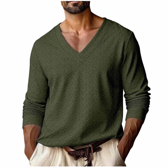 Wrtxtat Men's T-Shirts V Neck Jacquard Top Tees Lightweight Long Sleeve Pullover Fall Spring Workout Athletic Running Shirt Green#02 L