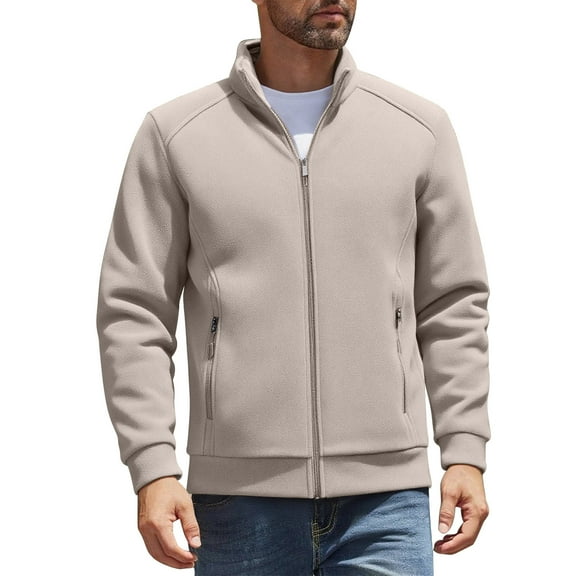 Wrtxtat Men's Track Jackets Midweight Full Zip Polar Fleece Outerwear with Pockets Mock Neck Windproof Jacket Solid Color Long Sleeves Top Khaki M