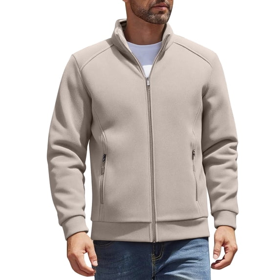 Wrtxtat Men's Track Jackets Midweight Full Zip Polar Fleece Outerwear with Pockets Mock Neck Windproof Jacket Solid Color Long Sleeves Top Khaki XL