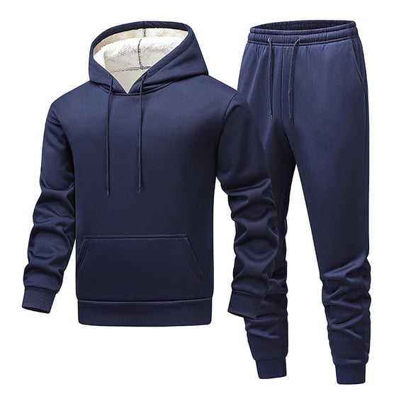Wrtxtat Men's Two Piece Sweat Suits Fashion Warm Fleece Hooded Crew Neck Sweatshirt Elastic Waist Tapered Sweatpants Suits Navy XL