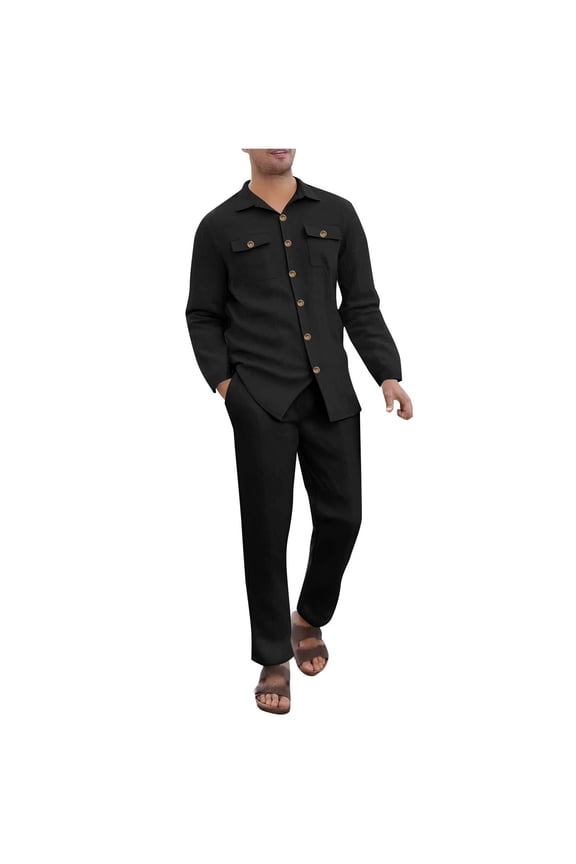 Men's Two Pieces Set Casual Autumn Fashion Sweatsuits Casual Pajama Jacquard Long Sleeve Button Shirt Pants Drawstrings Pockets Outfit Set Black L