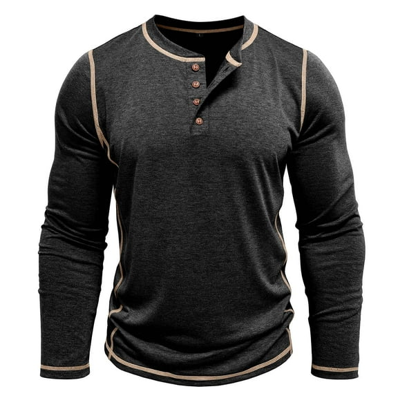 Wrtxtat Men's V-Neck Pullover Autumn Casual Lightweight Breathable Henley Shirts Slim Fit Solid Color Stretchable Cotton Sweatshirt Black L