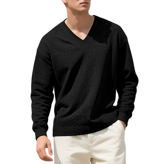 Wrtxtat Men's V-Neck Pullover Fall Midwieght Casual Fashion Loungewear Solid Color Sweatshirt Knitted Jacquard Long Sleeve Tee Shirt Black S
