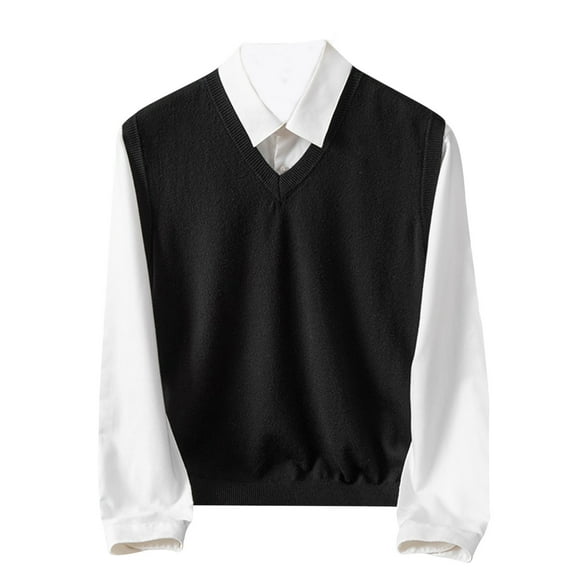 Wrtxtat Men's V-Neck Sweater Vest Fashion Autumn Lightweight Warm Knitted Sleeveless Pullover Casual Solid Color Slim Fit Vest Top Black XXL