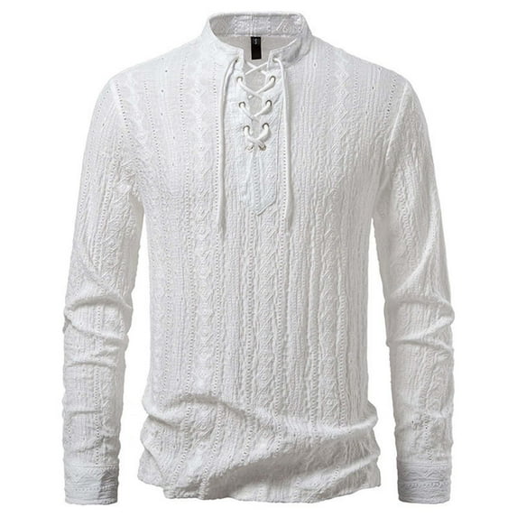 Wrtxtat Men's V-Neck Sweatshirt Lightweight Beathable Slim Fit Tops Striped Knit Lace-Up Pullover Outdoor Sports Long Sleeve Shirt White XXL