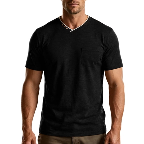 Wrtxtat Men's V Neck T-Shirt Contrast Color Slim Fitted Short Sleeve Tee Shirts Lightweight Comfy Stretch Casual Business Golf Workout Tee Tops Black XXL
