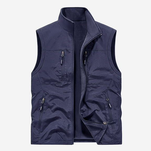 Wrtxtat Men's Venture Vest Jacket Travel Fishing Hiking Vest Softshell Sleeveless Solid Color Mock Neck Top with Multiple Pockets Dark Blue M