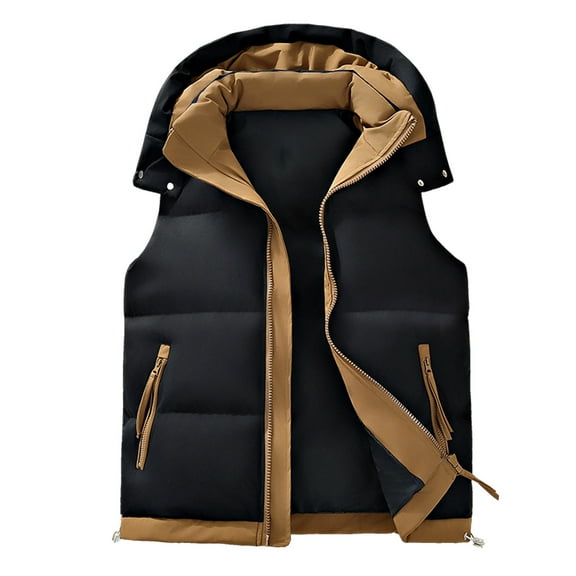 Wrtxtat Men's Vest Full Zip Solid Color Hooded Outerwear Sleeveless Jacket with Pockets Warm Midweight Puffer Coats Big and Tall Black L