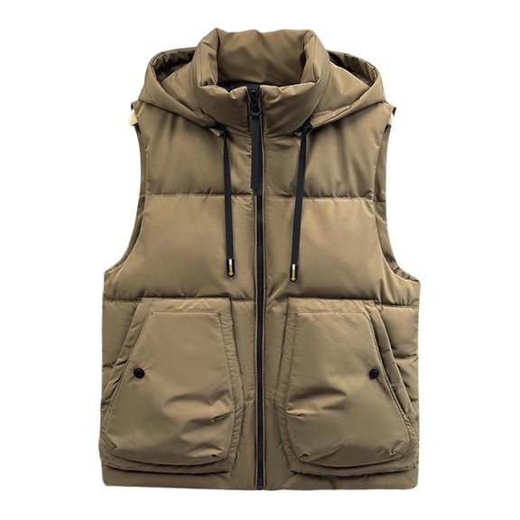 Wrtxtat Men's Vest Winter Warm Midweight Puffer Vest Full Zip Mock Neck Drawstrings Hooded Vest with Flap Pockets Windproof Outerwear Khaki XXL