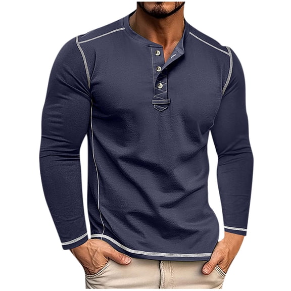 Wrtxtat Men's Vintage Henley Shirts Solid Color Retro Style Slim Fit Pullover Lightweight Quarter Button Long Sleeve Tee Shirt Navy S
