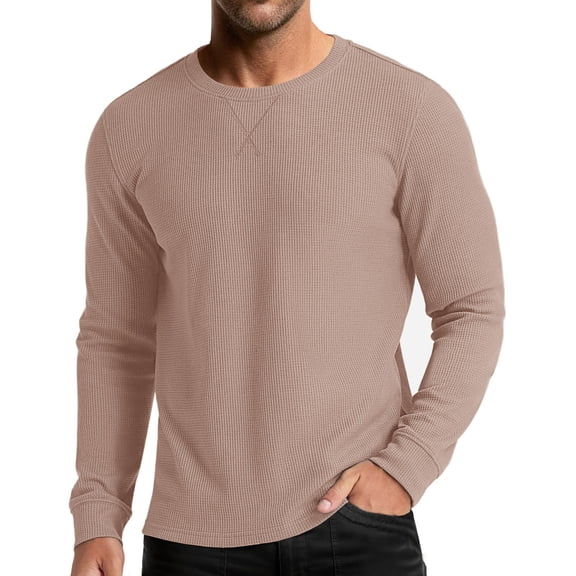 Wrtxtat Men's Waffle Knit Shirts Crewneck Long Sleeves Pullover Lounge Streetwear Basic Tops Casual Lightweight Solid Tee Tops Khaki M