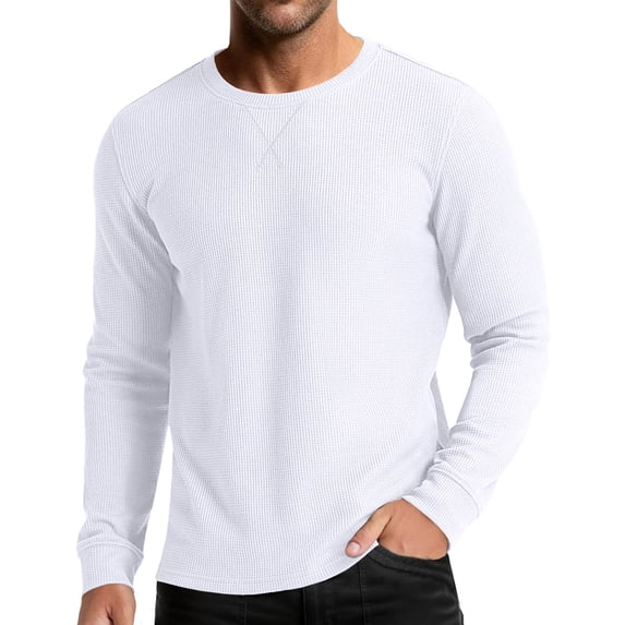 Wrtxtat Men's Waffle Knit Shirts Crewneck Long Sleeves Pullover Lounge Streetwear Basic Tops Casual Lightweight Solid Tee Tops White S