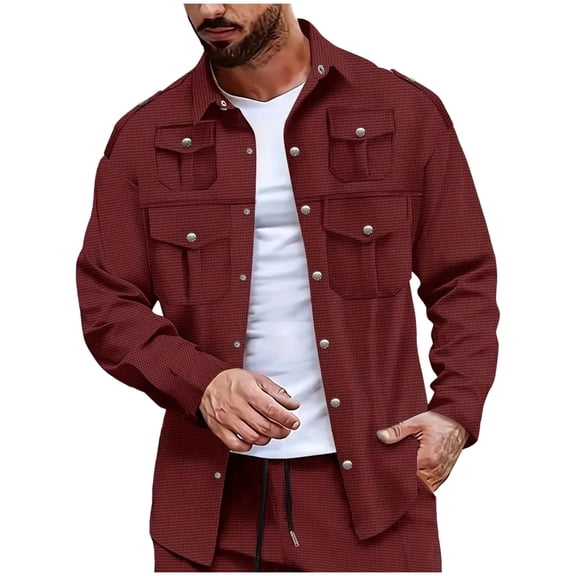 Wrtxtat Men's Waffle Knit Shirts Fashion Midweight Lapel Snap Top with Multiple Flap Pockets Solid Color Long Sleeves Shirt Wine XXL