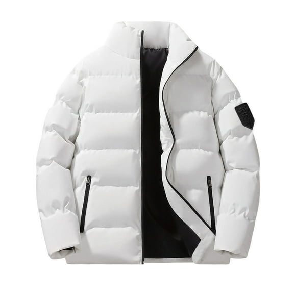 Wrtxtat Men's Warm Puffer Jacket Winter Warm Heavyweight Jacket with Pockets Full Zip Mock Neck Windproof Outerwear Big and Tall White M