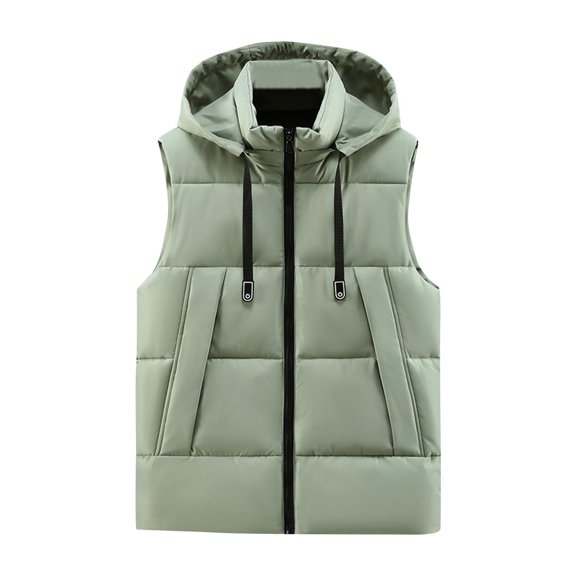 Wrtxtat Men's Windproof Vest Full Zip Drawstrings Hooded Puffer Vest Winter Hiking Climbing Warm Midweight Fashion Outerwear Big and Tall Green XXL