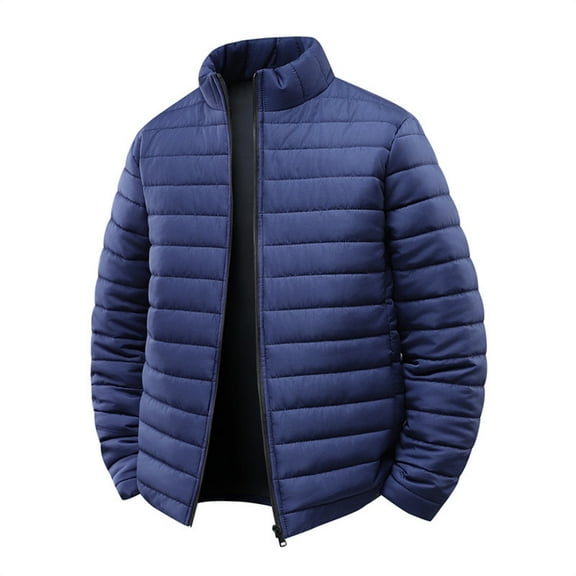 Wrtxtat Men's Winter Jacket Warm Heavyweight Outerwear Solid Color Puffer Jackets Full Zip Mock Neck Windproof Coats Dark Blue L
