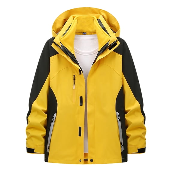 Wrtxtat Men's Winter Ski Jacket Zip-Up 3 in 1 Warm Heavyweight Hooded Windbreaker with Pockets Detachable Lined Water Resistant Coats Yellow L