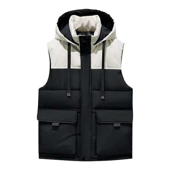 Wrtxtat Men's Winter Vest Warm Midweight Solid Color Pockets Vest Drawstrings Sleeveless Hooded Vest Zip-Up Cotton-Padded Vest Big and Tall White XL