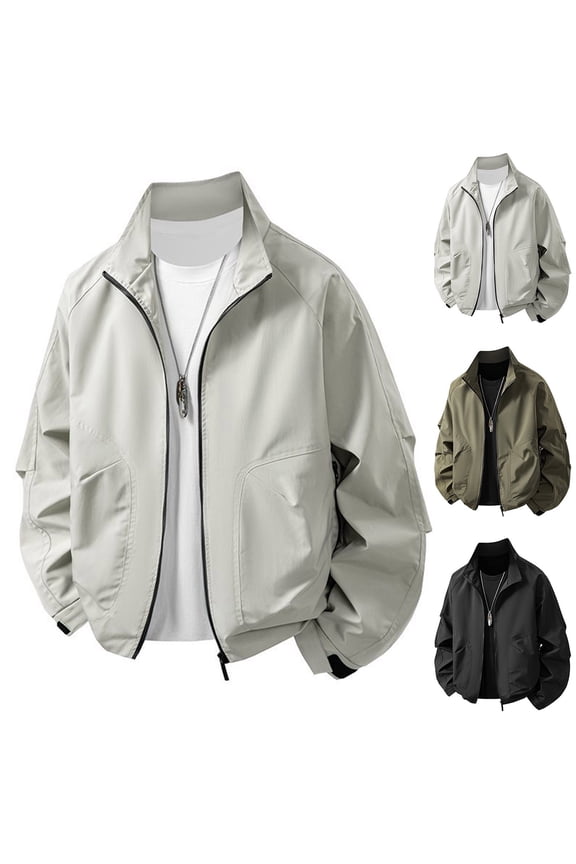 Men's Zip Up Jacket Stand Collar Loose Fit Lightweight Windbreaker Bomber Jackets Fashion Solid Color Baseball Jacket with Pockets Dark Green L