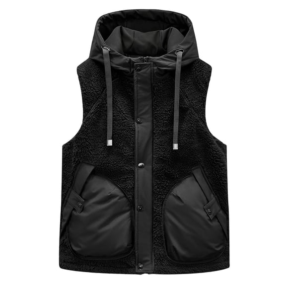 Wrtxtat Men's Zip-Up Vest Winter Warm Midweight Drawstrings Hooded Puffer Vest with Pockets Colorblock Sleeveless Fleece Jacket Black XL