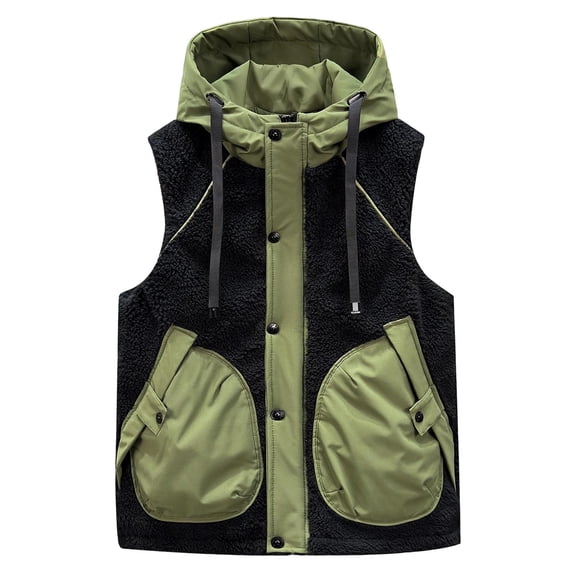 Wrtxtat Men's Zip-Up Vest Winter Warm Midweight Drawstrings Hooded Puffer Vest with Pockets Colorblock Sleeveless Fleece Jacket Green M