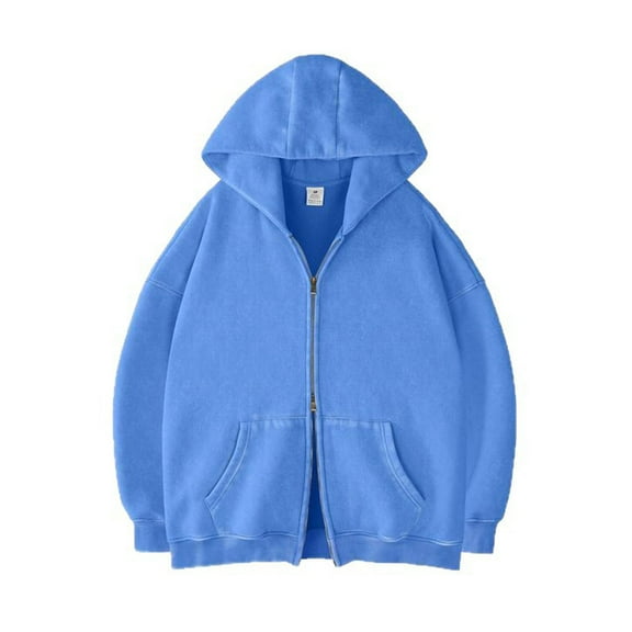 Wrtxtat Men's Zip up Hooded Sweatshirt Autumn Midweight Athletic Double Zipper Jacket Solid Color Long Sleeves Relaxed Fit Top Blue L