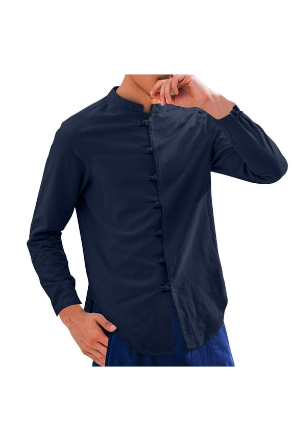 Mens Classic Chinese Traditional Kungfu Shirts Long Sleeve Frog Button Mandarin Collar Casual Button Down Tang Suit Navy L