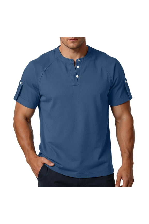 Mens Henley Shirt 3 Button Solid Color Basic Tee Tops Lightweight Retro Vintage Short Sleeve Denim T-Shirts Blue S