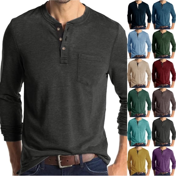 Wrtxtat Mens Henley Shirts Casual Long Sleeve Half Button up Athletic T-Shirts Trendy Solid Color Basic Workout Tees Tops with Pockets Coffee XXL