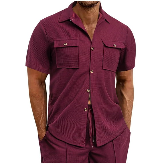 Wrtxtat Mens Short Sleeve Button Down Shirts Work Casual Summer Button Up Relaxed Fit Lightweight Wrinkle-Free Shirt with Two Pockets Wine XXL